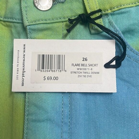 Weworewhat Womens 26 Flare Bell Denim Shorts Blue Green Tie Dye Stretch NWT - Picture 4 of 10